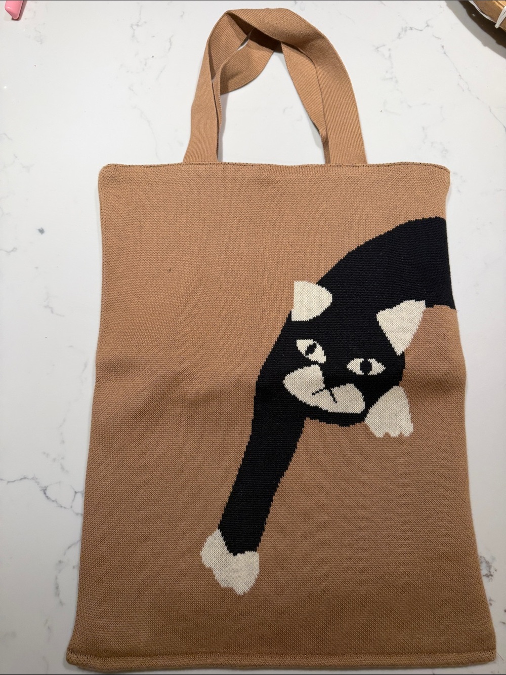 Tan Knit Cat Tote Bag with Black & Cream Cat Design